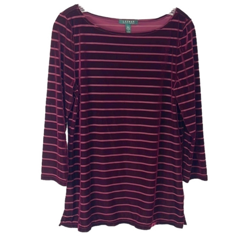 Ralph Lauren LRL Velvet Burnout Striped Tunic Top‎ Women's L Burgundy Wine